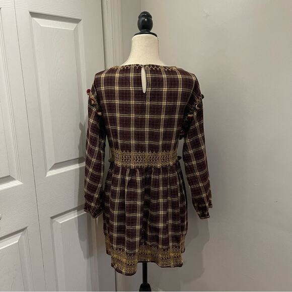 Zara Burgundy Plaid Embroidered Pom Pom Dress Size Small - Picture 9 of 14